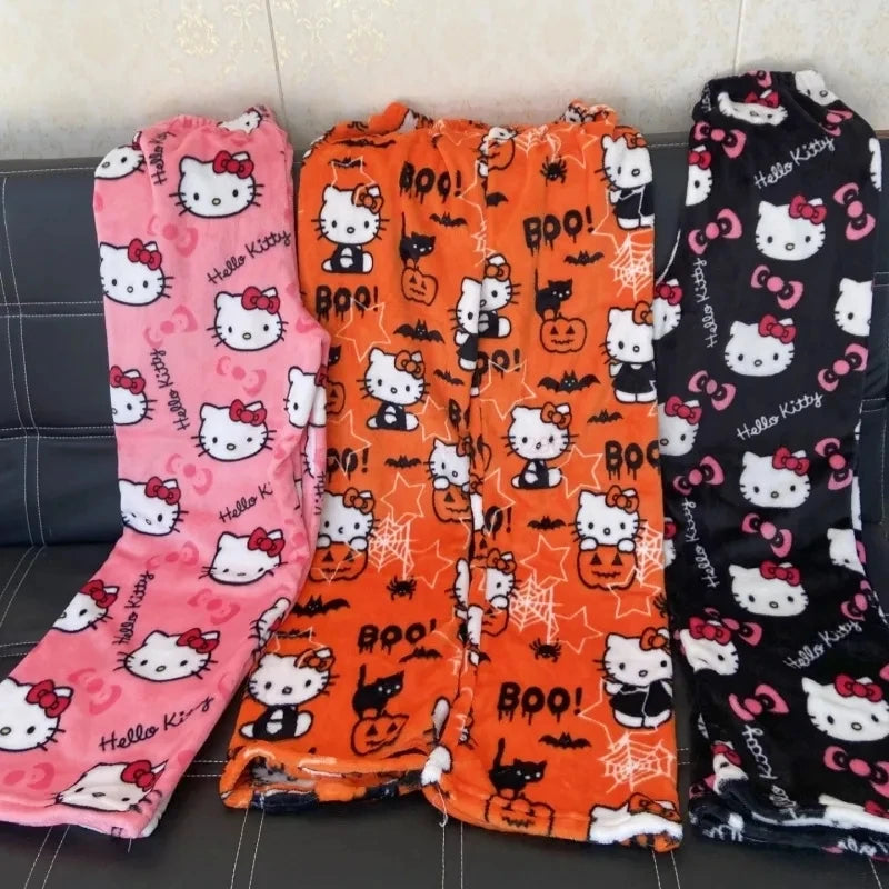 2024 Sanrio Hello Kitty Pajamas Halloween Flannel Fashion Trouserswomen Kawaii Woolen Anime Cartoon Casual Home Pants Autumn