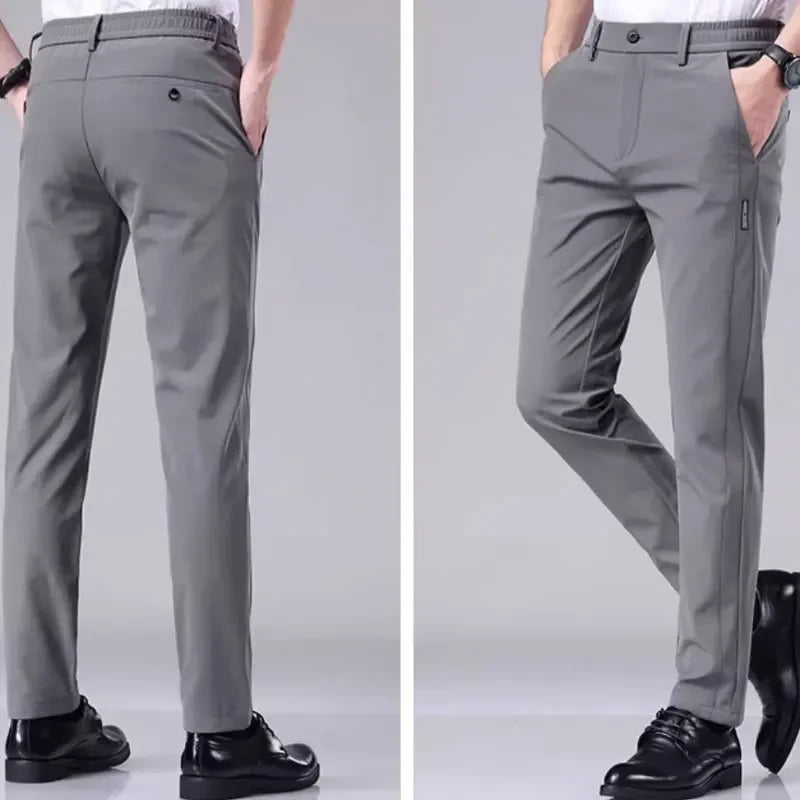 Men's casual pants, semi elastic waistband, nylon ice silk elastic straight tube, light gray, business gentleman, summer casual