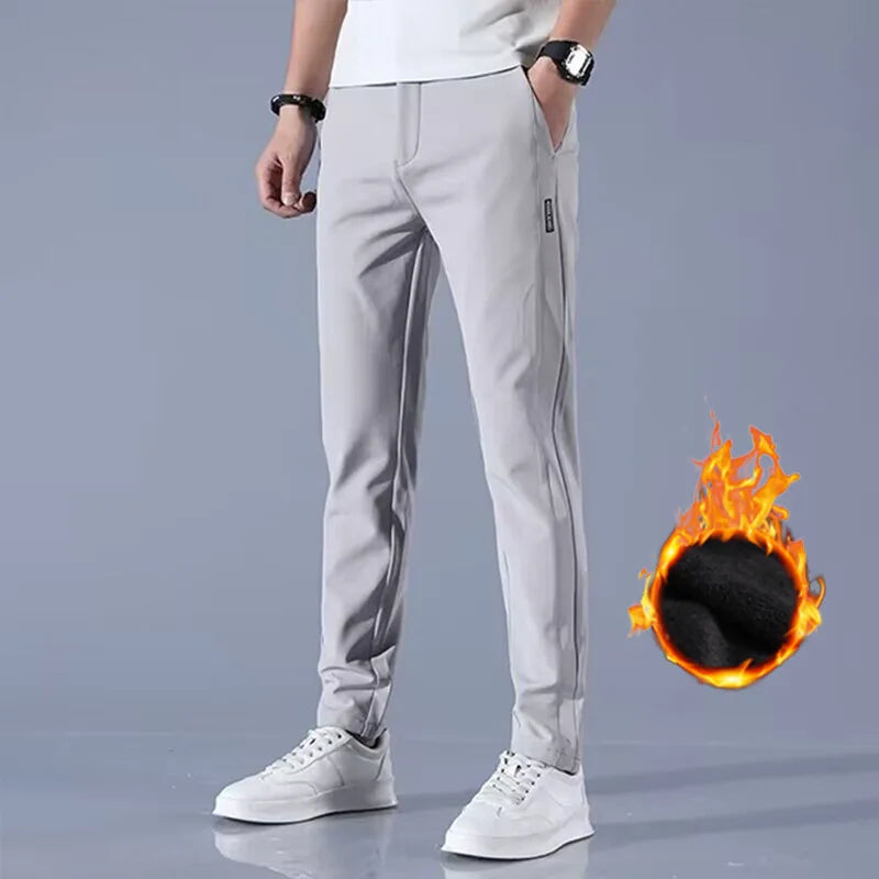 2024Winter velvet Casual Pants Men Thick Business Stretch Slim Elastic Waist Jogger Outdoors Korean Classic Fleece Trousers Male