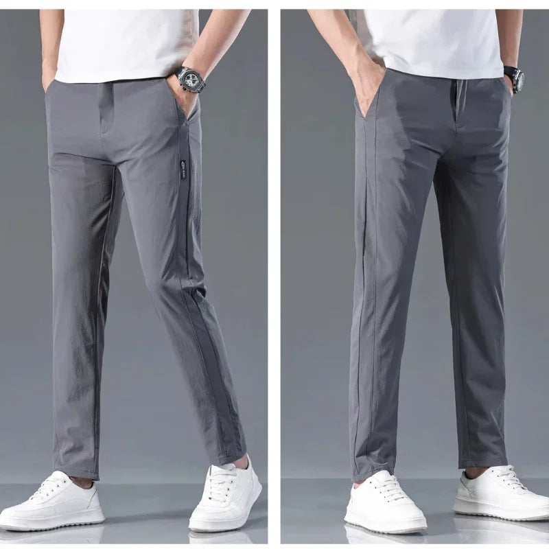 Men's casual pants, semi elastic waistband, nylon ice silk elastic straight tube, light gray, business gentleman, summer casual