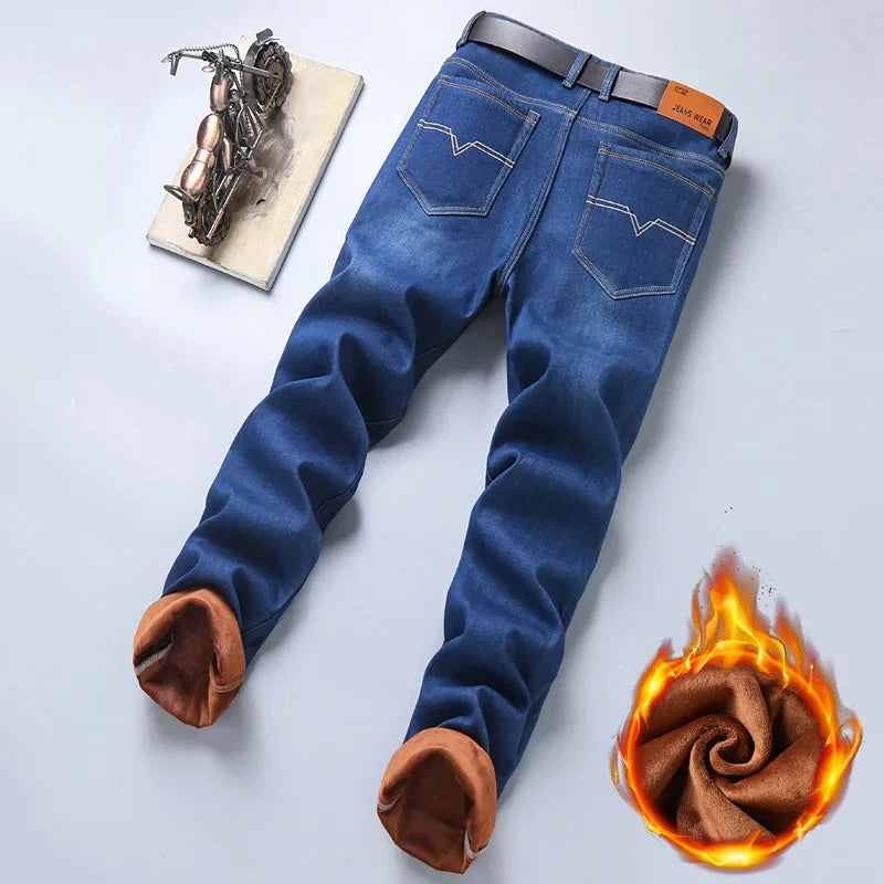 2024 Winter New Casual Men's Warm Fleece Jeans Classic Style Business Thicken Fur Regular Fit Denim Pants Brand Plush Trousers