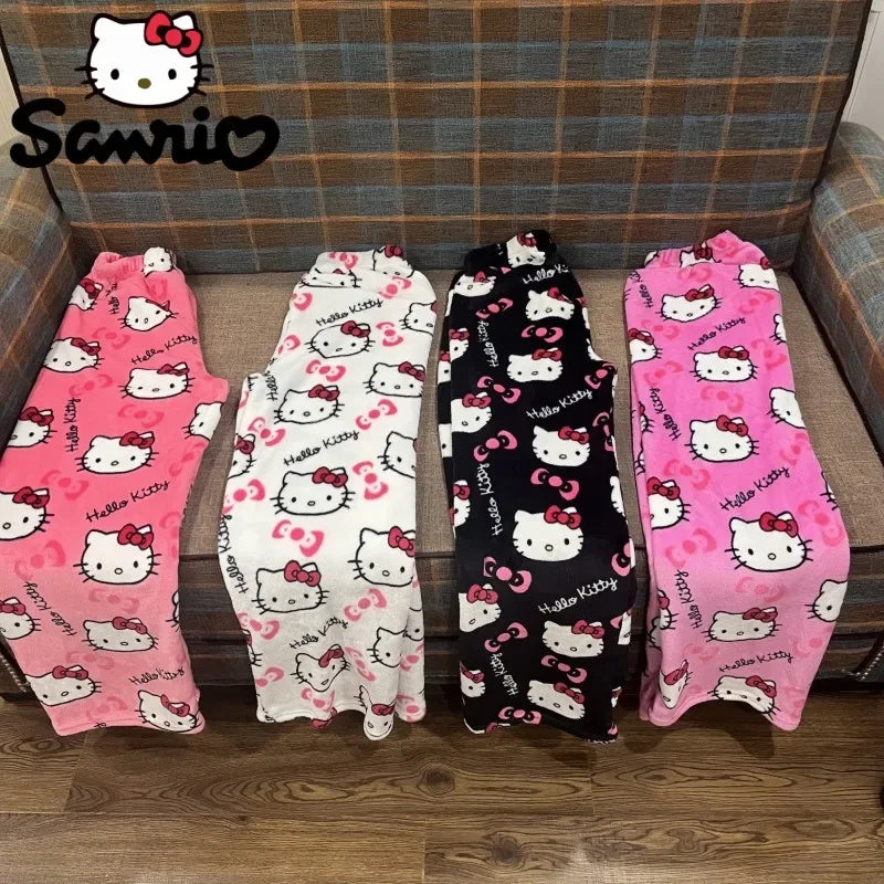 2024 Sanrio Hello Kitty Pajamas Halloween Flannel Fashion Trouserswomen Kawaii Woolen Anime Cartoon Casual Home Pants Autumn