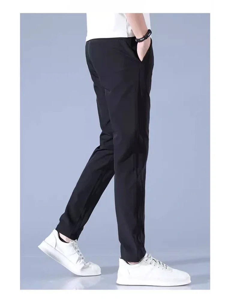 Men's casual pants, semi elastic waistband, nylon ice silk elastic straight tube, light gray, business gentleman, summer casual